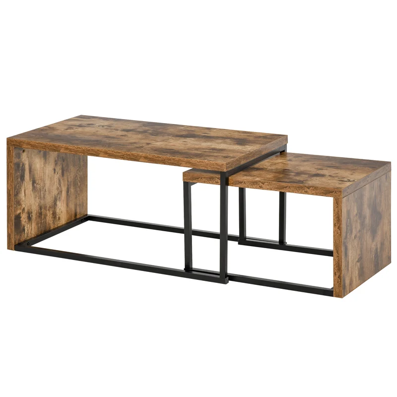 Easycomfort Set di 2 Tavolini da Salotto Impilabili e Salvaspazio in Stile Industriale, Legno MDF e Metallo, Marrone e Nero