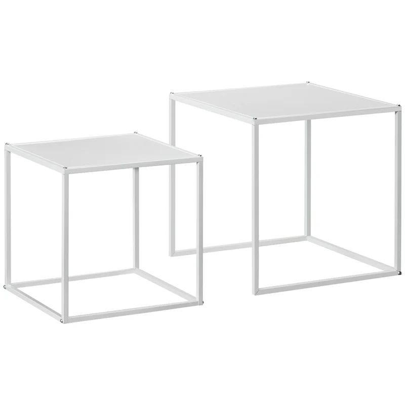 Easycomfort Set 2 Tavolini da Caffè Impilabili Quadrati in Acciaio, Bianco
