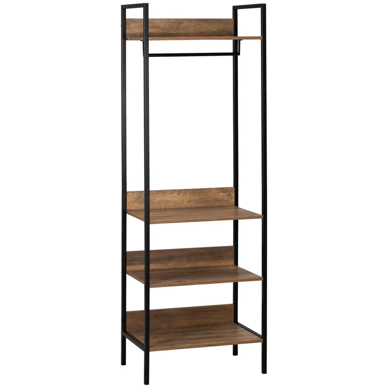 Easycomfort Appendiabiti da Terra con 1 Asta e 4 Ripiani Aperti in Truciolato e Acciaio, 60x40x180 cm, Marrone