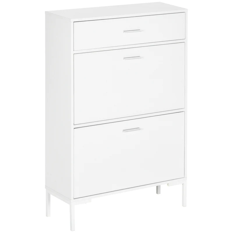 Easycomfort Mobile Scarpiera Moderno per 12 Paia di Scarpe con 2 Ante a Ribalta e Cassetto, 76x26x110 cm, Bianco