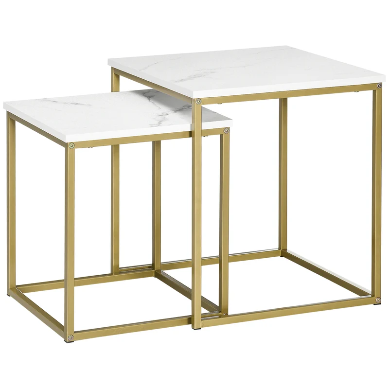 EasyComfort Tavolino da Salotto Set 2 Pezzi Impilabile con Piano in Truciolato e Struttura in Acciaio, Bianco e Oro