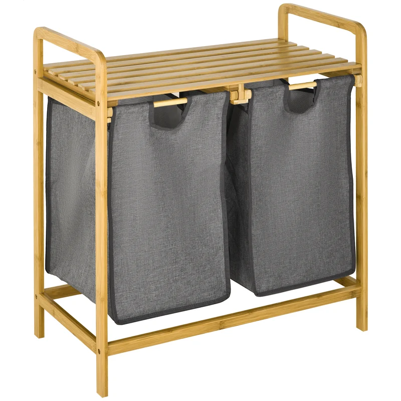 Easycomfort Portabiancheria in Legno di bambù con Doppio cesto Estraibile e Ripiano a Doghe, 63.5x33x73cm Grigio