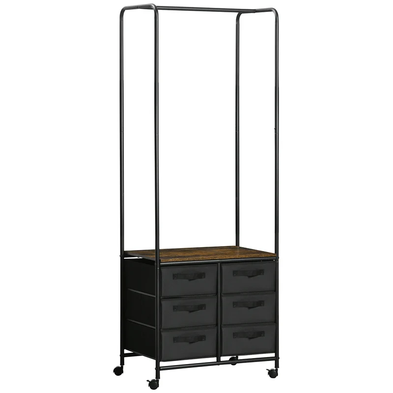 Easycomfort Appendiabiti da Terra con Mobile da 6 Cassetti in Tessuto e Ripiano Aperto, 63.5x40x172.5 cm, Nero e Marrone
