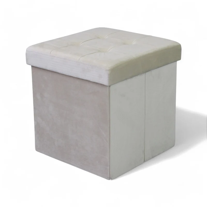 Pouf contenitore quadrato in velluto beige salvaspazio per arredamento elegante dimensioni 38x38x38 cm