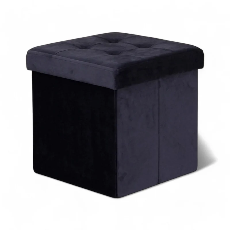 Pouf contenitore quadrato velluto nero elegante e pratico ideale per ottimizzare lo spazio design moderno 38x38xH38 cm