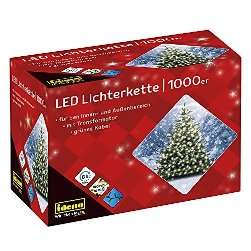 Idena 30188 - Catena luminosa LED con 1000 LED in bianco caldo, con funzione timer 8 ore e trasformatore, lunga circa 25 m, per interni ed esterni, come decorazione per feste, Natale, matrimonio
