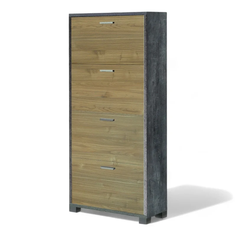 Scarpiera moderna 4 ante legno MDF colore marrone ossido nero e noce salvaspazio dimensioni compatte 70x29x154 cm