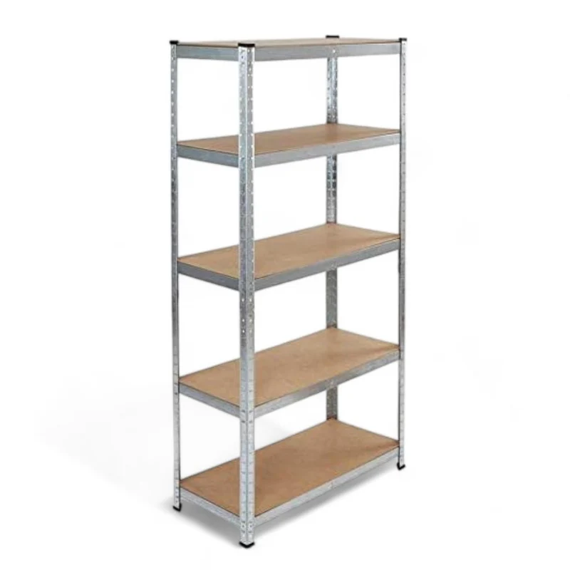 Scaffale modulare in acciaio zincato con 5 ripiani rinforzati in legno spessore 4 mm e piedini in plastica