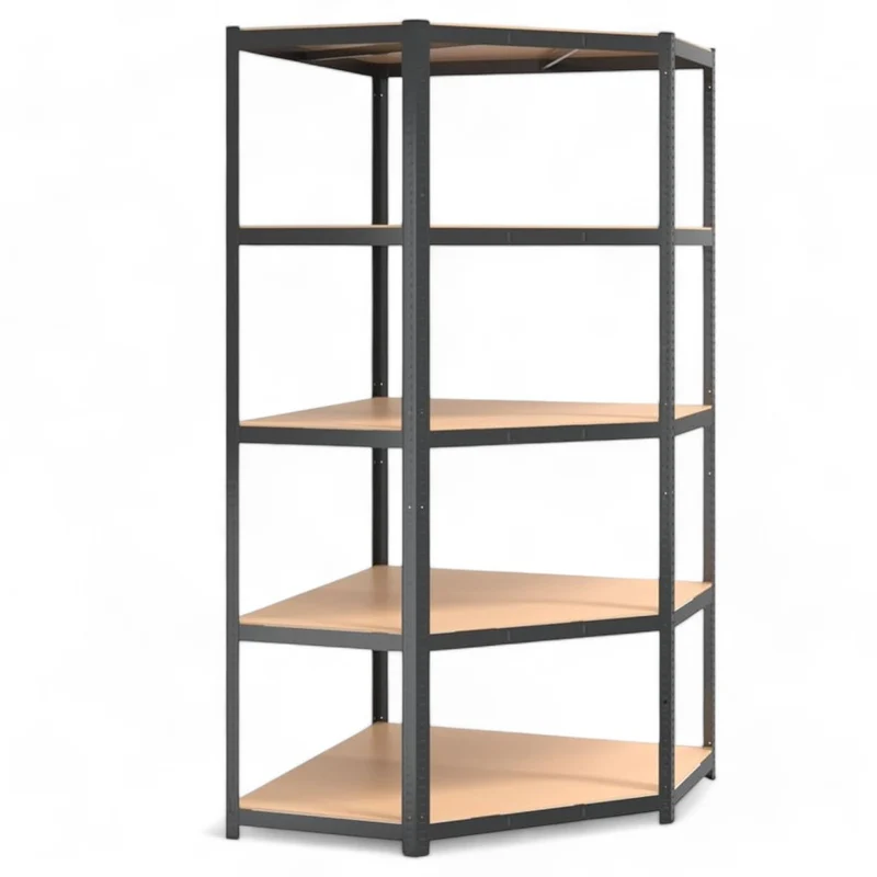 Scaffale angolare in acciaio zincato con 5 ripiani legno 40x70x40x90x90x180 cm ideale per garage e magazzini