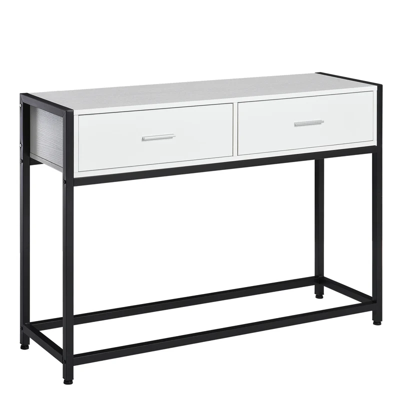 EasyComfort Tavolo Consolle per Ingresso con 2 Cassetti in Legno Bianco e Metallo Nero