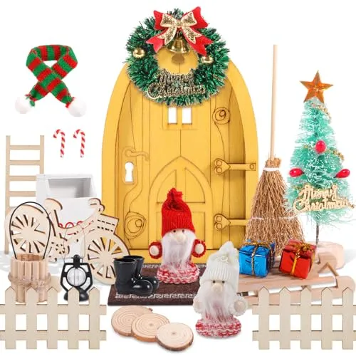 AMZJMT Porta Elfo Natale,Porta Elfo Natale Kit, Casetta Elfo Decorato dagli Elfi di Natale, Porta degli Elfi, Cassetta delle Lettere in Miniatura, staccionata, Ghirlanda di Natale e Altro Ancora