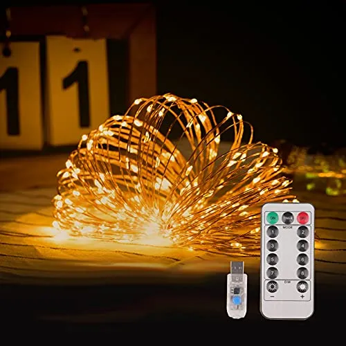 LIBILIS Luci Led USB 20M 200 LED Luci Albero di Natale Impermeabile Filo di Rame Luci Natale Fata per Interno Festival Natale Matrimonio Festa Patio Decorativa, Luci Stringa Telecomando Giallo Caldo