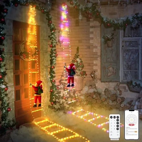 Scala LED Con Babbo Natale Luminoso da Esterno ed Interno, Decorazioni Natalizie Multifunzione 8 Modalità Controllo via App e Telecomando, Impermeabile IP44 Bianco Caldo e RGB