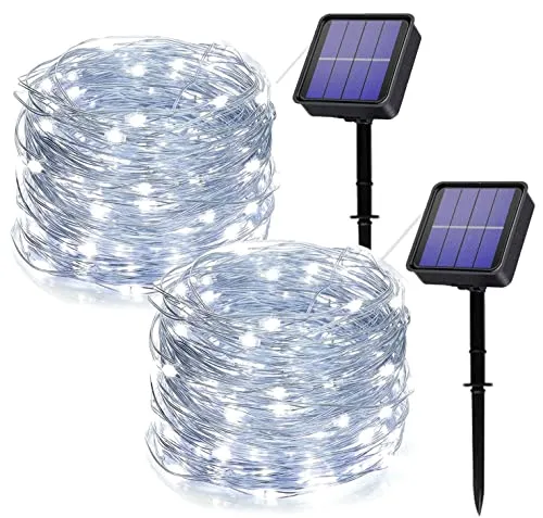 owwasd [2 pezzi Catena luminosa solare per esterni, 14 m, 120 LED, per esterni, resistente alle intemperie, per balcone, alberi, terrazze, matrimoni, feste, giardino (Bianco)