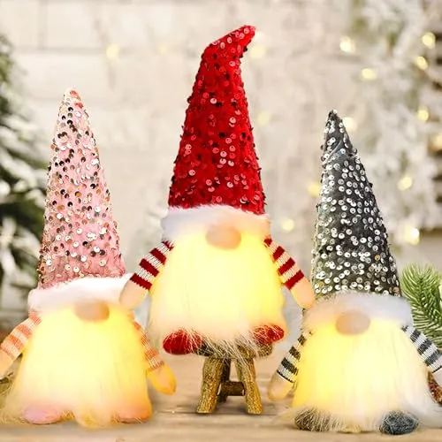 MOYKSRR Gnomi Natalizi Set di 3, Elfo Babbo Natale Peluche, Gnomo di Natale Decorazioni Natalizie, Gnomo Natale con LED, Decorazione Natalizia Casa per Albero Natale Tavolo Camino