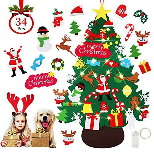 Albero di Natale in Feltro per Bambini, 3.5 Ft DIY Albero Natale Feltro Con 34 Staccabili Ornamenti, per Regali Di Natale Party Decorazioni Da Parete Per Porte