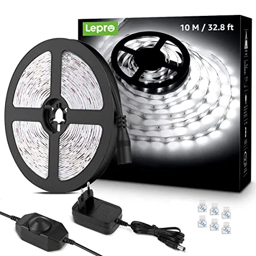 Lepro Striscia LED 10M 600LED SMD2835 Bianco Freddo 6000K Dimmerabile, 24V 1800 Lumen Nastri LED per Decorazioni Interne/Feste/Natale, Strisce LED Kit Completo Alimentatore e Interruttore Dimmer