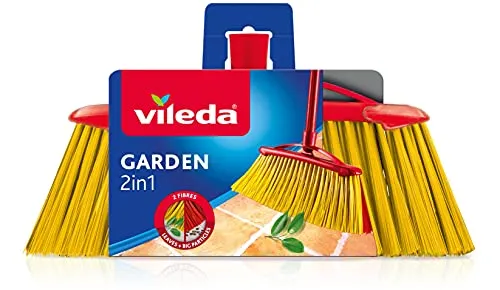 Vileda 2 in1 Garden, Scopa per Esterni, con Due Tipi, Giardino, per Fogliame, per Ciottoli, Fibre in Pet Riciclato, 17 x 37.5 x 5.5 cm, 386 g, Nero, Ciano, Magenta, Giallo