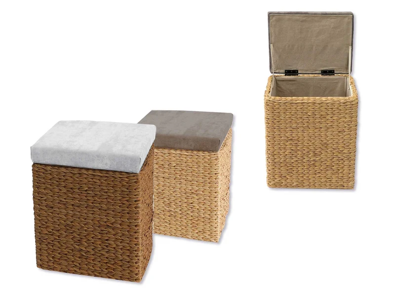 Sgabello Contenitore 'LIME': in fibra naturale, 45x33x53h, con cuscino grigio