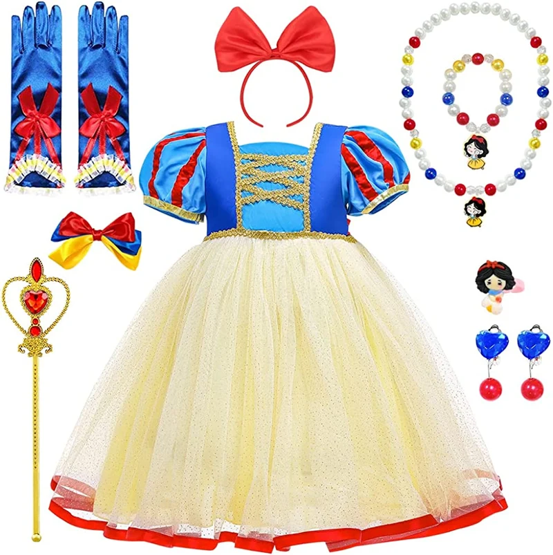 Vestito Principessa Bambina, Principessa Vestito Costume con Corona Collana Set, Ragazze Principessa Neve Bianco Costume,Fantasia Vestito per Halloween Carnevale Cosplay Compleanno Natale Festa