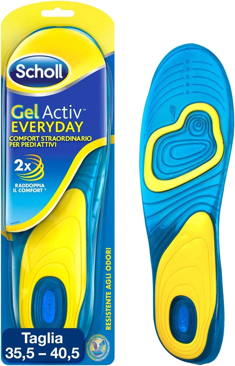 Scholl Solette Gel Activ Everyday, Solette per Scarpe ad Uso Quotidiano per Uomo con Tecnologia Antiodore, Azione Anti Urti e Ammortizzante, Misura 40-46.5 EU, Confezione da 1 Paio