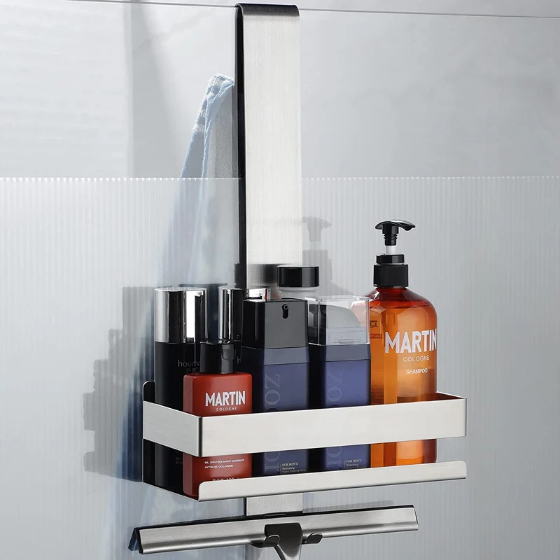 Cooeco Mensola Doccia da Appendere - Portaoggetti Doccia in SUS 304 Acciaio Inox da Appendere al Porte Doccia in Vetro, Porta Shampoo Doccia con Gancio, per Porte con Spessore entro 1,2 CM di Vetro