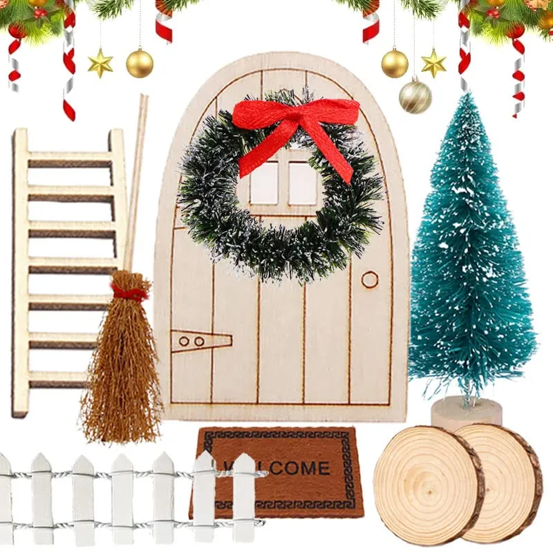 YDMAJF Porta Gnomo Set,Porta Elfo Natale Accessori per Porta Gnomo Natale,Elfo Natale in Miniatura Porta Elfo Natalizio Legno,Gnomi Porta delle Accessori per Casa delle Bambole in Miniatura