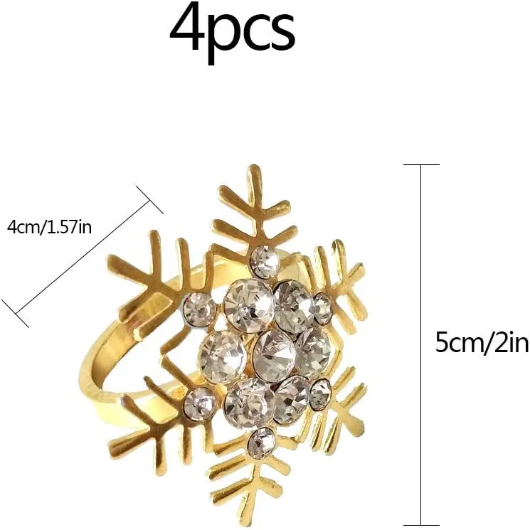 Anelli portatovagliolo fiocco di neve 4Pz Anelli di tovagliolo in lega di Natale con anelli di tovagliolo di strass scavati Ornamento Squisiti tovaglioli di famiglia Set di anelli decorazioni Gold