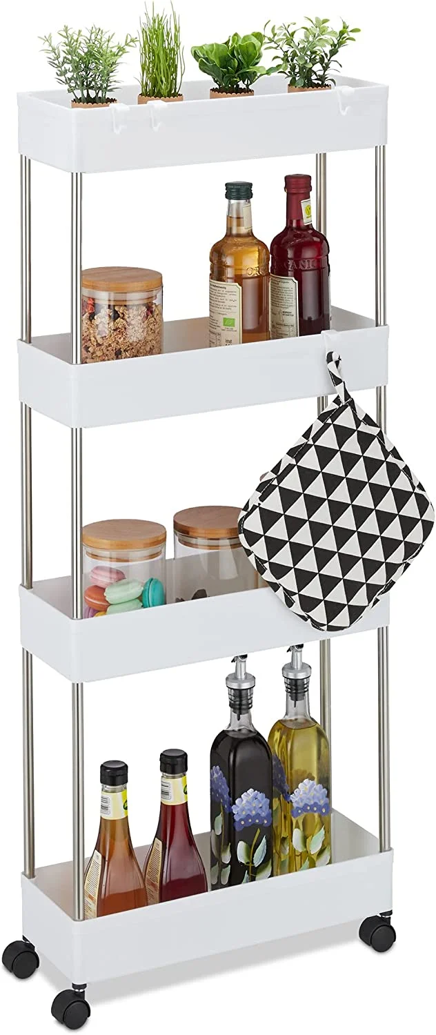 Relaxdays Mobiletto Salvaspazio, HLP: 98x15,5x40,5 cm, 4 Ripiani, Ganci, Carrello da Bagno e Cucina, Plastica, Grigio, Acciaio Inossidabile