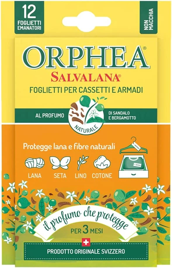 Orphea Salvalana Foglietti Per Cassetti E Armadi, Protegge Lana E Vestiti Tutta La Stagione, Profumo Di Cedro, 12 Foglietti Emanatori