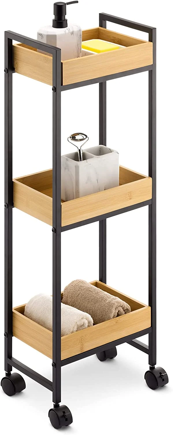 Navaris Carrello Bagno con Ruote Legno - Carrellino Salvaspazio Cucina Stretto - Mobile Porta Frutta Verdura - Mobiletto Portafrutta Moderno - bambù