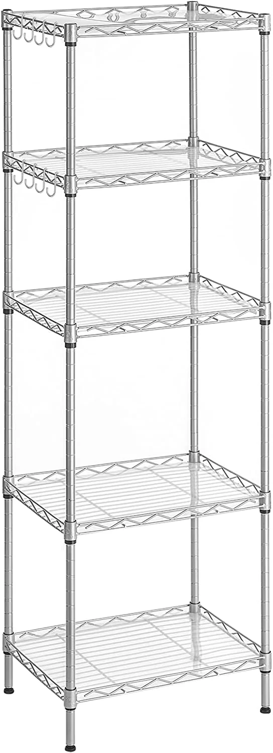 SONGMICS Scaffale da Bagno, Portaoggetti in Metallo, Max Portata 100 kg, 5 Pannelli in PP, Ganci Rimovibili, 30 x 30 x 123,5 cm, Espandibile, per Spazio Stretto, Color Argento e Trasparente LGR023S01