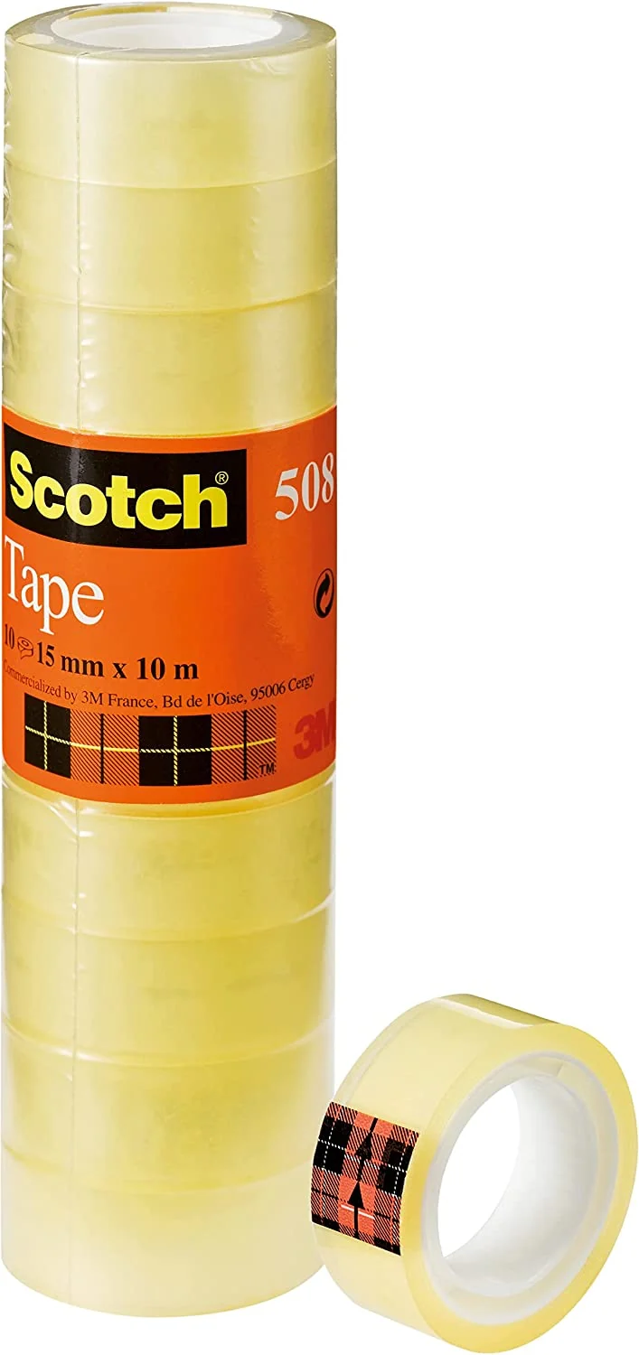 Scotch Nastro Adesivo 3M, Trasparente Acrilico, 15 mm x 10 m, Confezione Torretta da 10 Pezzi