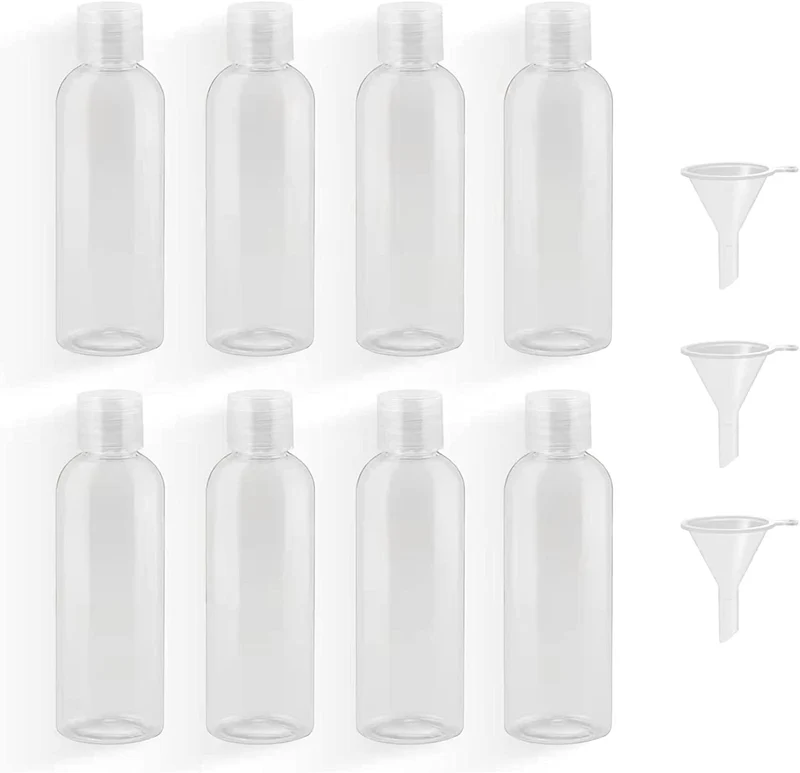 8 Pezzi Bottiglie di Viaggio Plastica 100 ML Bottiglie di Plastica Vuote Bottigliette da Viaggio Aereo con 3 Imbuti Contenitori Trasparenti da Viaggio Vuoti per Shampoo Lozioni Liquide Creme