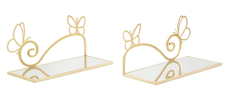 Mensole Butterfly in Metallo Dorato con Ripiano in Vetro a Specchio - Coppia Elegante cm 41,5x18x21