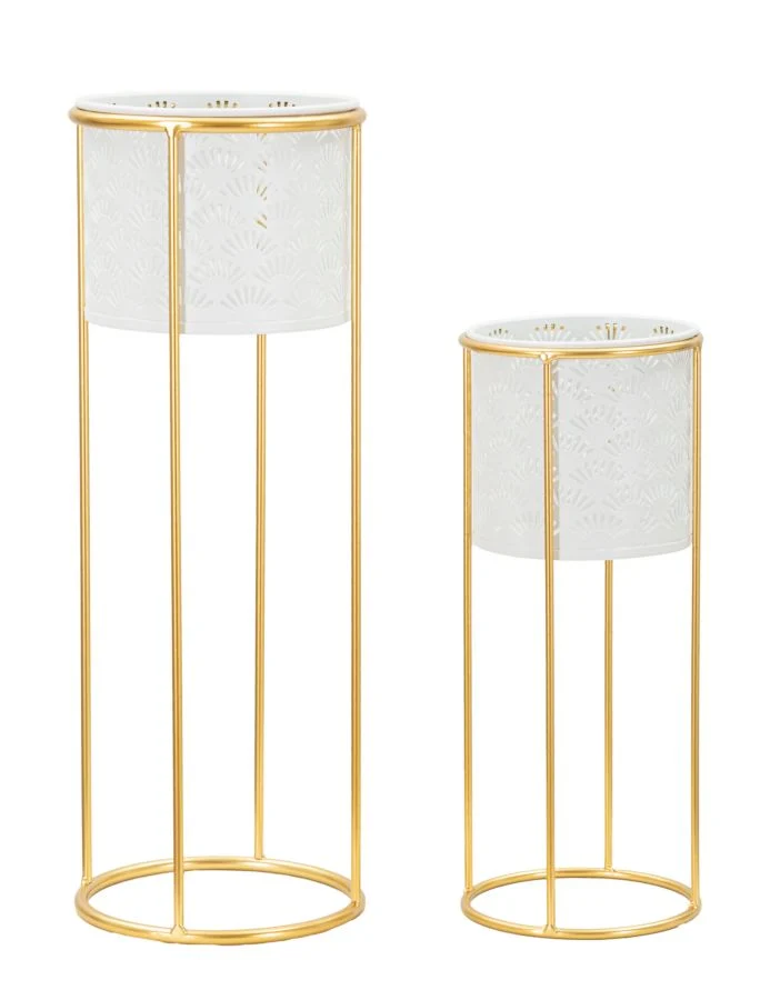 Coppia di Vasi Whity in Metallo Bianco con Supporto Dorato cm ø 17x46-14x34