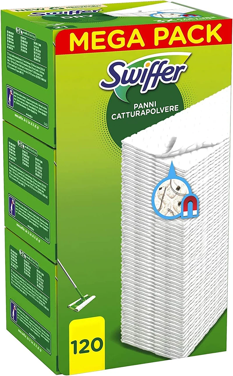 Swiffer Dry Panni Cattura Polvere, 120 Panni, Cattura e Intrappola Polvere e Sporco, Ottimo per i Peli di Animale, per Tutti i Tipi di Pavimenti, Maxi Formato