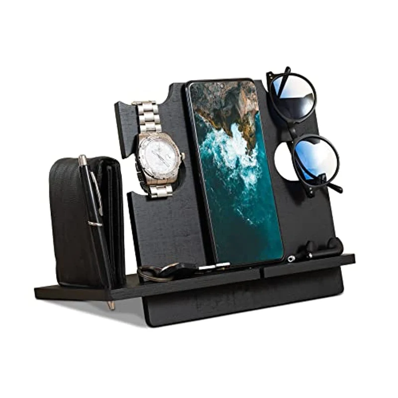 LAC Docking Station per Cellulare in Legno | Idee Regalo Compleanno Uomo | Regali di Natale Originale Lui | Svuotatasche Portaoggetti Orologio | Festa del Papà Anniversario Marito Fidanzato Fratello