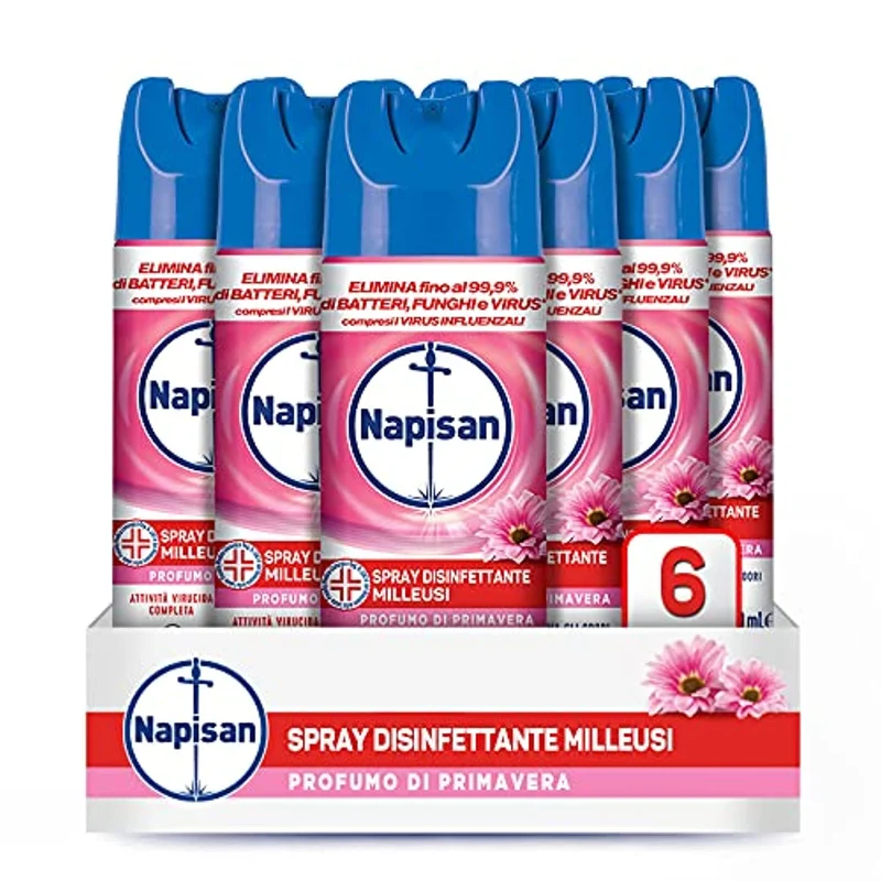 Napisan Spray Disinfettante Ambienti Milleusi, Disinfettante Spray per Tessuti e Superfici, Fragranza Profumo Di Primavera, Contiene 6 Spray,2400 Millilitro, 6 Unità