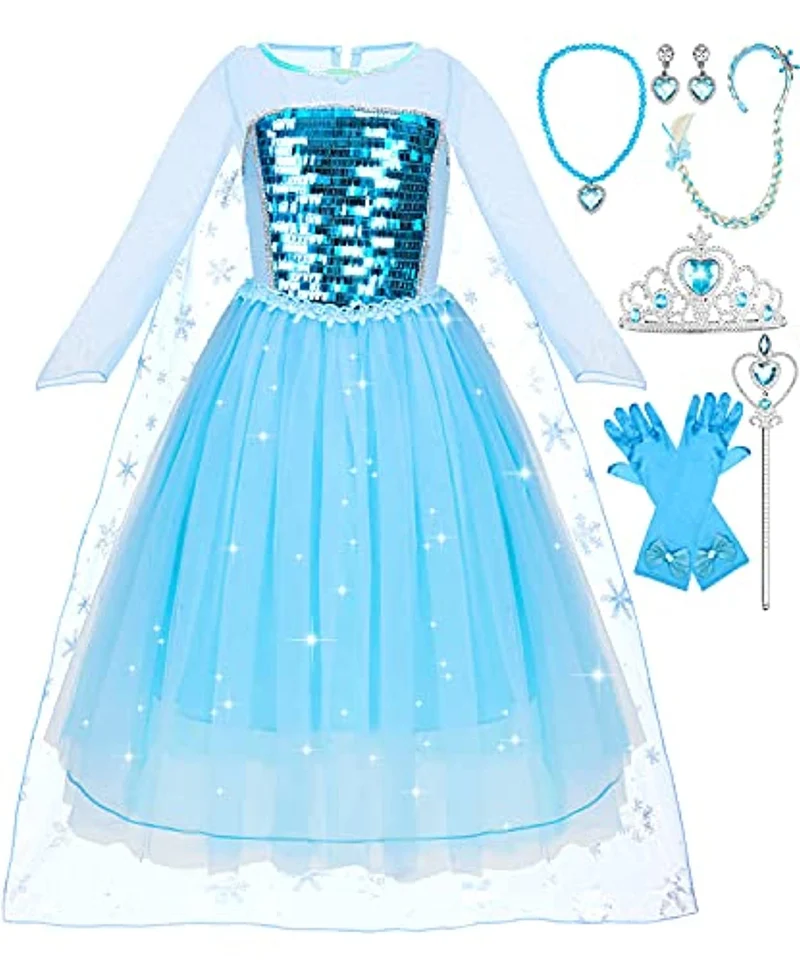Jojoin Elsa Costumi, Ragazza Vestito Set da Principessa con Paillettes Mantello Fiocco di Neve, Elsa Corona Bacchetta Guanti Abito Costumi di Cosplay/Festa di Compleanno/Halloween/Natale, 110/120cm