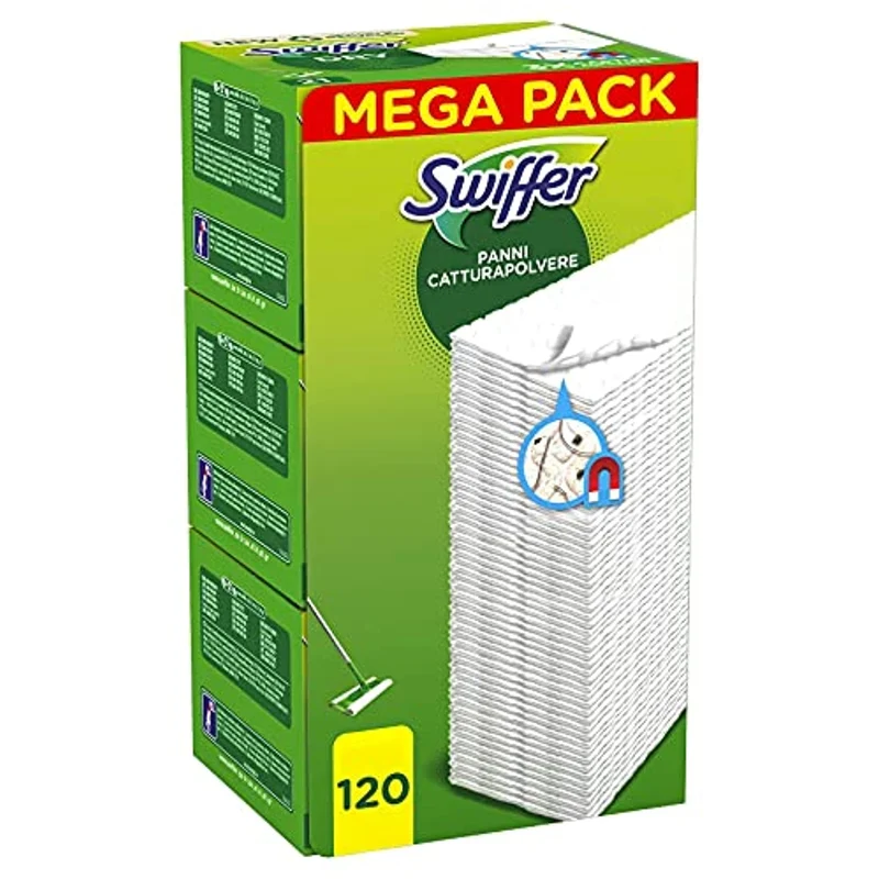 Swiffer Dry Panni Cattura Polvere, 120 Panni, Cattura e Intrappola Polvere e Sporco, Ottimo per I peli di Animale, per Tutti I Tipi di Pavimenti, Maxi Formato